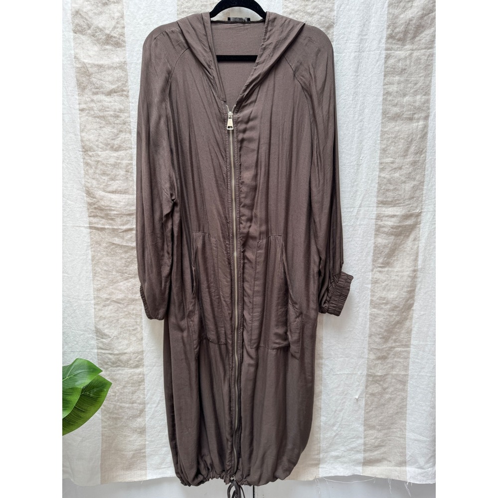 Baci Brown Hooded Duster Jacket‎ Full Zip Longline Lightweight Layering Coat